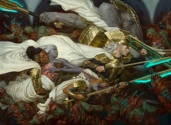 anthro armor black_hair cape clothing dark_body dark_skin digit_ring female finger_ring grey_body grey_hair group hair holding_mace holding_melee_weapon holding_object holding_polearm holding_shield holding_spear holding_weapon humanoid_pointy_ears jewelry male melee_weapon muscular muscular_male pointy_ears polearm proboscis_(anatomy) shield spear trunk_(anatomy) tusks weapon jason_rainville hasbro magic:_the_gathering wizards_of_the_coast elephantid goblin human humanoid loxodon mammal proboscidean hi_res official_art