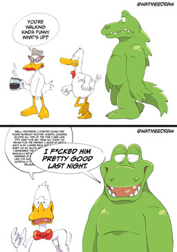 2_panel_comic anthro beak belly beverage bow_tie bow_tie_only coffee dialogue dot_eyes duo eyewear feathers glasses lipstick_on_beak male male/male mostly_nude nervous nervous_smile nude red_bow_tie simple_background simple_eyes slightly_chubby speech_bubble text white_background white_body white_feathers wing_fingers watmeedraw sitting_ducks aldo_(sitting_ducks) ed_(sitting_ducks) alligator alligatorid anatid anseriform avian bird crocodilian duck reptile scalie absurd_res comic english_text hi_res