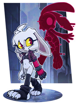 4_toes 5_fingers abstract_background ahoge anthro butt clothed clothed_anthro clothed_female clothing cybernetic_arm cybernetic_limb duo eyelashes featureless_crotch feet female female_anthro fingers floating footwear glistening glistening_eyes hair hologram jacket legwear long_ears looking_at_viewer looking_back looking_back_at_viewer midriff mouthless multiple_poses navel noseless nub_tail on_ground pose red_body red_eyes simple_background stylized thigh_highs toeless_footwear toes topwear walking yellow_sclera polygoncherub idw_publishing sega sonic_the_hedgehog_(comics) sonic_the_hedgehog_(idw) sonic_the_hedgehog_(series) clover_(polygoncherub) lucky_(polygoncherub) lagomorph leporid mammal rabbit 2025 colored digital_drawing_(artwork) digital_media_(artwork) full-length_portrait hi_res portrait shaded