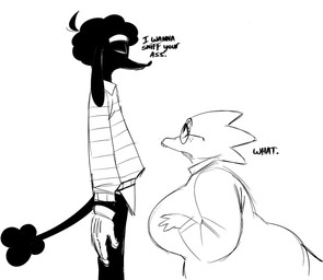 anthro big_breasts black_ears black_hair black_tail black_tail_tuft black_text breasts cartoon_freckles clothed clothed_anthro clothed_female clothed_male clothing coat duo eyebrows eyelashes eyewear female female_anthro fingers freckled_face freckles glasses gloves hair handwear lab_coat looking_up_at_another male male/female male_anthro profanity round_glasses side_view simple_background size_difference slim slim_anthro slim_male tail tail_tuft text thick_eyebrows topwear tuft wearing_glasses white_background animation_sensation undertale_(series) alphys canid canine canis domestic_dog mammal scalie 2026 digital_drawing_(artwork) digital_media_(artwork) english_text hi_res monochrome sketch