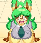 anthro anthrofied big_breasts blush breasts brown_eyewear brown_glasses brown_sclera clothed clothing eyewear female freckled_face freckles fur glasses green_hair hair kneeling looking_at_viewer looking_up looking_up_at_viewer necktie nerd open_mouth pigtails pokemorph school_uniform solo thick_thighs uniform white_eyes yellow_body yellow_fur mintyspirit nintendo pokemon sunnyleafeon_(mintyspirit) eeveelution generation_4_pokemon leafeon pokemon_(species) 2024 digital_media_(artwork) hi_res