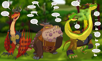 2_heads after_transformation anthro armor bottomwear brown_body brown_clothing brown_scales claws clothed clothing dialogue dragon_tail eyebrows facial_hair female feral flirting forest fur_vest gas green_body green_scales group headgear helmet horn implied_transformation male multi_head mustache pain plant pondering pouch_(clothing) raised_eyebrow red_body red_clothing red_scales scaled_legs scales semi-anthro sharp_teeth shoulder_pads sibling_rivalry skirt smile spiked_tail spikes spikes_(anatomy) spread_wings tail teeth text toe_claws topwear transformation tree viking_helmet warts wedding wings yellow_body yellow_eyes yellow_underbelly runningtoaster dreamworks how_to_train_your_dragon mythology fishlegs_ingerman ruffnut_thorston snotlout_jorgenson tuffnut_thorston dragon gronckle hideous_zippleback monstrous_nightmare mythological_creature mythological_scalie scalie english_text hi_res