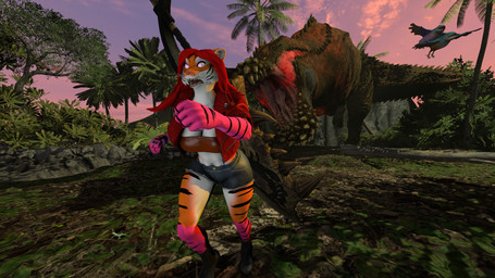 anthro big_sword bottomwear claws clothing female feral forest hair jungle muscular plant predator/prey purple_body purple_eyes red_hair running shorts size_difference solo spikes tail thick_thighs tree kuyenroo capcom monster_hunter elizuka avian bird brute_wyvern deviljho felid mammal pantherine tiger 16:9 3d_(artwork) 4k absurd_res digital_media_(artwork) hi_res huge_filesize source_filmmaker_(artwork) widescreen
