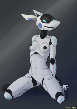 anthro areola beach black_nipples blue_eyes breasts female genitals hands_behind_back holographic_eyes joints kneeling machine navel nipples screen screen_eyes screen_face seaside sitting small_breasts solo vulva sealer4258 se-4258 android robot absurd_res hi_res