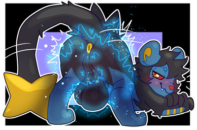 anus balls big_balls black_body black_fur black_tail blue_body blue_fur blush border butt electricity fur genitals male multicolored_body multicolored_fur presenting presenting_anus presenting_balls presenting_hindquarters red_nose smile snaggle_tooth solo sparkles sparks tail white_border yellow_anus yellow_inner_ear halfpricesouls nintendo pokemon fan_character generation_4_pokemon luxray pokemon_(species) absurd_res digital_media_(artwork) hi_res