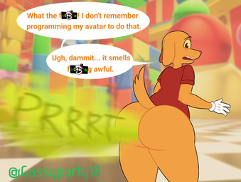 anthro big_butt blush bottomless bottomless_male bubble_butt butt butt_focus caine_censorship censor_bar censored_speech censored_text clothed clothing embarrassed fart fart_cloud fart_fetish fur gloves grawlixes green_fart_cloud handwear looking_back male male_farting pantsless pantsless_male profanity rear_view red_clothing red_shirt red_t-shirt red_topwear shirt solo speech_bubble t-shirt tail text topwear white_clothing white_gloves white_handwear yellow_body yellow_fur yellow_sclera supersonicparty18 glitch_productions the_amazing_digital_circus scratch_(tadc) canid canine canis domestic_dog mammal english_text hi_res