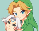 blonde_hair blue_eyes clothing fierce_deity_mask hair humanoid_pointy_ears light_body light_skin looking_at_viewer male mask not_furry pointy_ears simple_background solo wusagi2 majora's_mask nintendo the_legend_of_zelda young_link elf humanoid hylian 2023 low_res