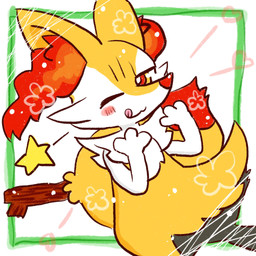 3_fingers :3 ambiguous_anthro ambiguous_gender anthro arm_tuft biped black_body black_fur blush blush_lines blush_stickers border cheek_tuft chest_tuft dipstick_tail dutch_angle facial_tuft fingers front_view fur heart_symbol hip_tuft inner_ear_fluff looking_at_viewer markings multicolored_body multicolored_fur nude_ambiguous nude_anthro object_in_tail one_eye_closed pointy_ears prick_ears red_body red_eyes red_fur red_inner_ear_fluff red_nose red_tail_tip shoulder_tuft simple_background solo star_polygon stick stick_in_tail tail tail_markings tongue tongue_out tuft two_tone_tail white_background white_body white_border white_fur wink yellow_body yellow_fur yellow_tail annyui0611 nintendo pokemon braixen canid generation_6_pokemon mammal pokemon_(species) 1:1 2021 cel_shading colored digital_drawing_(artwork) digital_media_(artwork) hi_res japanese_description portrait shaded three-quarter_portrait translated_description