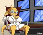 anthro big_breasts big_butt blonde_hair bodily_fluids breasts buckteeth butt chair clothing coat detailed_background eyewear female freckled_breasts freckled_face freckles furniture glasses hair heat_(temperature) nerd open_mouth round_glasses sitting slightly_chubby solo sweat tail teeth topwear yellow_body reymonrr toby_fox_(copyright) undertale undertale_(series) alphys lizard reptile scalie absurd_res hi_res