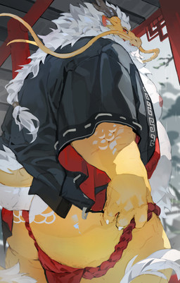 anthro areola asian_clothing beard belly black_clothing black_topwear butt clothed clothing cloud cloudy_sky countershading east_asian_architecture east_asian_clothing eyebrows facial_hair fundoshi grey_horn hair hand_on_hip horn inner_ear_fluff japanese_architecture japanese_clothing light long_hair looking_at_viewer looking_back male mature_anthro mature_male moobs nipples outside overweight overweight_anthro overweight_male partially_clothed pattern_clothing pattern_topwear perspective raining red_clothing red_eyes red_fundoshi red_underwear religion scales shadow sky solo standing tail tail_hair teeth temple thick_eyebrows tied_hair topwear tuft underwear whiskers white_hair white_sclera yellow_body yellow_scales yed asian_mythology east_asian_mythology japanese_mythology mythology shinto dragon eastern_dragon mythological_creature mythological_scalie scalie 2026 colored digital_drawing_(artwork) digital_media_(artwork) hi_res lighting shaded