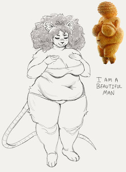 afro anthro arm_tuft bare_shoulders belly belly_overhang big_belly big_breasts big_hair black_coded blush body_positivity bra breasts cellulite cleavage closed_smile clothed clothing double_chin eyes_closed featureless_breasts female fupa hair hand_on_breast hip_tuft humanoid_hands inner_monologue kinky_hair leg_tuft long_tail love_handles markings medium_hair midriff mole_(marking) mole_on_breast mole_on_cheek mole_under_eye mouth_closed navel overweight overweight_anthro overweight_female pantsless_anthro pantsless_female peaceful plantigrade round_ears self_love shirtless_anthro shirtless_female skimpy smile solo standing statuette stone_carving tail text thick_thighs thin_tail thinking tight_panties tuft underwear underwear_only wide_hipped_anthro wide_hipped_female wide_hips wolfertinger hitch_(wolfertinger) venus_of_willendorf mammal mouse murid murine rodent black_and_white english_text full-length_portrait hi_res inspired_by_formal_art monochrome portrait reference_image shaded simple_shading sketch trans_(lore) trans_man_(lore)