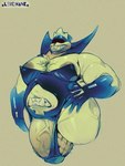 balls belly_mouth big_moobs big_pecs big_penis biped body_hair bulge chest_hair genitals huge_thighs male moobs overweight overweight_male pecs penis sharp_teeth solo teeth thick_thighs unitard lewdhank deltarune undertale_(series) king_spade darkner humanoid hi_res traditional_media_(artwork)