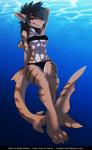 anthro bikini breasts clothed clothing ear_piercing female half-closed_eyes looking_at_viewer narrowed_eyes non-mammal_breasts piercing pupils sharp_teeth skimpy slit_pupils smile solo stripes swimwear teeth text two-piece_swimsuit under_boob underwater water xaenyth akali fish marine shark absurd_res english_text hi_res