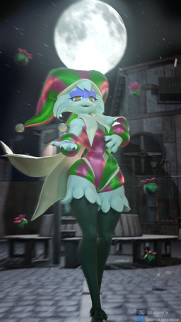 anthro athletic athletic_anthro athletic_female breasts clothing fangs female female_anthro fool's_hat fur green_body green_fur green_hair hair hat headgear headwear looking_at_viewer moon night pupils small_breasts small_waist solo standing teeth unusual_pupils samtrix seriuswolf_(modeler) nintendo pokemon felid feline generation_9_pokemon mammal meowscarada pokemon_(species) 4k 9:16 absurd_res hi_res