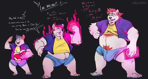 :d anthro barefoot big_bulge blue_bottomwear blue_clothing blue_hair blue_shorts book bottomwear bulge bulge_growth character_transformation clenched_teeth clothed clothed_anthro clothed_male clothing dialogue feet fully_clothed fully_clothed_anthro fully_clothed_male fur hair holding_book holding_object hypnosis jacket magic male male_anthro mind_control open_mouth open_smile overweight overweight_anthro overweight_male pink_body pink_ears pink_fur pink_hair pink_nose purple_clothing purple_jacket purple_nose purple_topwear shirt shorts simple_background smile solo species_transformation spiral spiral_eyes teeth text topwear transformation transformation_sequence weight_gain yellow_clothing yellow_shirt yellow_topwear melaisen dusk_acres allister_carver notus_(character) bear mammal mouse murid murine polar_bear rodent ursine 2022 absurd_res artist_name digital_drawing_(artwork) digital_media_(artwork) english_description english_text full-length_portrait hi_res portrait