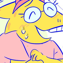 accessory anthro block bodily_fluids buckteeth clothed clothing eyes_closed eyewear fake_cat_ears fake_ears female front_view glasses headband open_mouth open_smile scales shirt smile solo sweat teeth topwear yellow_body yellow_scales kstl_mitf undertale undertale_(series) alphys lizard reptile scalie bust_portrait low_res portrait