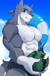 abs anthro biceps clothed clothing food fruit fur holding_object kemono male melon muscular muscular_anthro muscular_male nipples outside pecs plant solo swimwear topless watermelon hachi_duchi canid canine mammal 2018 2:3 digital_media_(artwork) hi_res