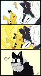 ambiguous_gender anthro black_body black_fur comic_panel electricity feral fluffy fluffy_tail fur neck_tuft tail tuft white_body white_fur parooty nintendo pokemon skib canid canine canis domestic_dog fox generation_1_pokemon mammal pikachu pokemon_(species) comic