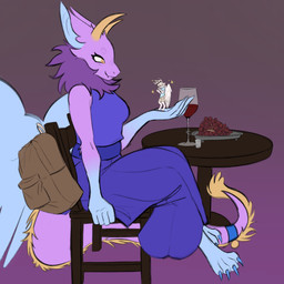 alcohol anthro antlers backpack beverage blue_body blue_ears blue_paws chair clothed clothing container cup dewlap_(anatomy) dragon_paws drinking_glass duo extreme_size_difference female fluffy fluffy_ears food fruit fur furniture gentle_giant glass glass_container glass_cup grape handheld handheld_micro horn larger_female looking_at_another looking_down macro macro_female male male/female micro multicolored_body multicolored_fur pink_body pink_fur plant purple_body purple_fur shrunk size_difference smaller_male sparkles surprised table tail two_tone_body wine wine_glass yellow_eyes yellow_horn frogziequeen mythology pale_(paleperyton) petal_(dapperhedgehog) deer dragon fairy_dragon furred_dragon furred_scalie lizard mammal mythological_creature mythological_scalie peryton reptile scalie winged_dragon 1:1 absurd_res hi_res