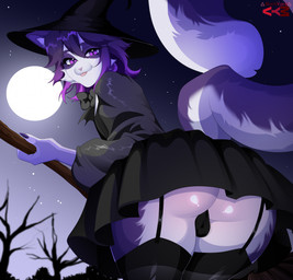 anthro balls bangs big_butt black_bottomwear black_bow black_clothing black_legwear black_skirt black_stockings black_topwear bottomwear butt claws clothed clothing crossdressing femboy fur garter_straps genitals glistening glistening_butt hair hat headgear headwear holding_object legwear looking_at_viewer looking_back looking_back_at_viewer male medium_hair moon night outside purple_body purple_claws purple_eyes purple_fur purple_hair raised_tail rear_view skirt sky solo star starry_sky stockings tail thick_thighs tongue tongue_out topwear witch_hat markyanv_(artist) domestic_cat felid feline felis mammal 2025 colored digital_drawing_(artwork) digital_media_(artwork) hi_res shaded