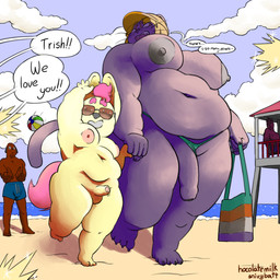anthro ball beach beach_ball being_watched belly big_breasts big_ears big_penis breasts claws clothing dialogue duo_focus erection exhibitionism eyewear flaccid fluffy fluffy_tail foreskin genitals gesture group gynomorph hand_holding hat headgear headwear inflatable intersex inverted_nipples lifeguard long_tail looking_at_another male nervous nipples nude overweight penis puffy_nipples sand sea shoreline shortstack shortstack_intersex size_difference slightly_chubby small_penis smile smirk speech_bubble sunglasses swimming_trunks swimwear tail text thick_thighs thong underwear water waving hocolatemilk snivybatt lexie_(snivybatt) trish_(hocolatemilk) canid canine canis cougar domestic_dog felid feline herding_dog mammal pastoral_dog welsh_corgi 1:1 2025 absurd_res digital_media_(artwork) english_text hi_res
