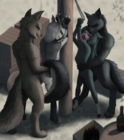 anal anal_penetration animal_genitalia animal_penis anthro anus ball_gag beak bodily_fluids bottle bound broken_rape_victim canine_genitalia canine_penis chain chained container crying cuff_(restraint) digitigrade ear_piercing ear_ring erection eyes_closed feathers feet female female_penetrated female_raped fingers forced from_behind_position fur gag gagged genital_fluids genitals group hair holding_tail humiliation looking_back male male/female male_penetrating male_penetrating_female male_rape male_raping_female nude outdoor_nudity outside_sex parallel_sex penetration penile penile_penetration penis piercing public public_humiliation rape red_sclera restraints ring_piercing sex smile standing standing_sex tail tears teeth toes white_body white_fur sadtoasterr hellaverse helluva_boss mythology loona_(helluva_boss) octavia_(helluva_boss) avian bird canid canid_demon canine canis demon hellhound mammal mythological_canine mythological_creature owl owl_demon wolf digital_media_(artwork) hi_res