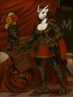 3_toes 4_fingers anthro armor black_hair blue_eyes bone breasts cape cleavage clothed clothing curtains eyebrows feet female fingers front_view hair headgear helmet horn map melee_weapon non-mammal_breasts pose scales shield sign skull solo sword text toes weapon white_body white_scales da_polar_inc mythology dragon mythological_creature mythological_scalie scalie 2014 detailed digital_media_(artwork) digital_painting_(artwork) english_text full-length_portrait hi_res latin_text painting_(artwork) portrait translated