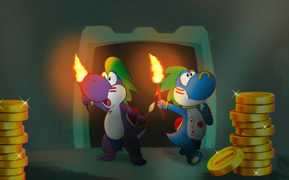 barefoot blue_body bottomwear clothing coin dark exploration feet fire jewelry loincloth markings purple_body ruins torch tribal tribal_markings charmandrigo mario_bros nintendo fan_character scalie yoshi 16:10 absurd_res hi_res widescreen