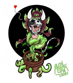 abdominal_bulge anthro bodily_fluids fangs heart_symbol hidden_eyes horn leaf leaf_hair looking_at_viewer male open_mouth plant plant_hair plant_pot pseudo_hair saliva saliva_string soft_vore solo tail teats teeth thorns udders vore awoogasm electronic_arts maxis_(ea) the_sims bovid bovine cattle cowplant_(the_sims) hybrid laganaphyllis_simnovorii mammal 2021 hi_res signature