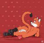 absurd_res anthro balls blush butt canid canine domestic_cat eyewear felid feline felis flirting fox fur genitals hi_res holidays hybrid katxfish leon_kittyfox lying male mammal orange_body orange_fur paws raised_tail rear_view red_fox simple_background smile solo tail true_fox valentine's_day