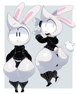 anthro big_butt black_clothing bottom_heavy bubble_butt bulge butt butt_slap clothed clothing curvy_figure disembodied_hand femboy footwear front_view head_tuft hoodie legwear male pantsless partially_clothed rabbit_ears rear_view scut_tail shocked shoes short_tail slap solo surprised tail thick_thighs thong topwear tuft underwear white_body wide_hips ciavs ciavs_(chracter) lagomorph leporid mammal rabbit hi_res