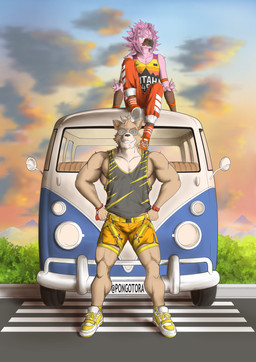 accessory anthro athletic_wear belt biceps bottomwear bracelet bulge clothing duo eyewear footwear gym_bottomwear gym_shorts jewelry kombi leg_markings male male/male markings muscular muscular_male pink_body shoes shorts skinny_male sky sneakers socks socks_(marking) sportswear street sunset gaouu pongotora avian bird canid canine canis domestic_dog flamingo mammal shiba_inu spitz hi_res