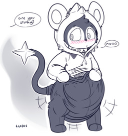 ambiguous_gender anthro big_diaper black_tail blush blush_lines bottomwear bottomwear_pull clothed clothing clothing_pull collar costume dialogue diaper diaper_under_clothing drawstring_hoodie feces fur hoodie huge_diaper looking_back multicolored_body multicolored_fur offscreen_character open_mouth pants pants_pull pokemon_costume simple_background soiled_diaper soiling solo speech_bubble standing stink_fumes tail text topwear two_tone_body two_tone_fur unclean_diaper used_diaper wearing_diaper white_background ludis-luteo nintendo pokemon generation_4_pokemon luxio pokemon_(species) shinx 2018 absurd_res english_text hi_res restricted_palette signature