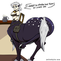 big_butt breasts butt cleavage clothed clothing desperation dialogue eyelashes freckled_arms freckled_breasts freckled_face freckled_shoulders freckles genitals gynomorph imminent_fart intersex long_eyelashes looking_at_viewer penis raised_leg speech_bubble spots spotted_butt tail talking_to_viewer text superholdit european_mythology greek_mythology mythology frankie_thunderburk centaur equid equid_taur humanoid_taur mammal mammal_taur taur 1:1 2025 english_text hi_res