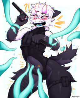 anthro arched_back armor battle belly belly_cutout belly_fetish belly_focus belly_poke black_body black_fur bodysuit bulge bulletproof_vest caught_off_guard clothed clothing curvy_figure cutout deep_navel exposed_belly femboy fighting_pose fluffy flustered forced foreplay fur gun hair handgun horn knife male male/male military navel navel_fetish navel_penetration navel_poke navel_stimulation penetration pistol pose ranged_weapon restrained restrained_by_tentacles shaking shocked silencer skimpy skinsuit solo spread_legs spreading squirming surprised tactical tactical_gear teasing tentacles thick_thighs thigh_strap tickling tickling_belly tickling_navel tight_clothing trembling unconvincing_armor weapon white_body white_fur wide_hips goop_original flake_(goop_original) absurd_res hi_res