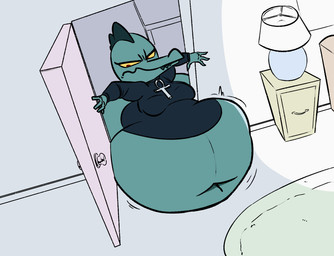 annoyed anthro belly big_belly breasts clothing deep_navel door doorway female frown furniture_lamp high-angle_view huge_belly hyper hyper_belly inside navel obese obese_anthro obese_female opening_door overweight overweight_anthro overweight_female shirt solo struggling stuck_in_door topwear yellow_sclera ultrahand night_in_the_woods bea_santello crocodile crocodilian reptile scalie hi_res