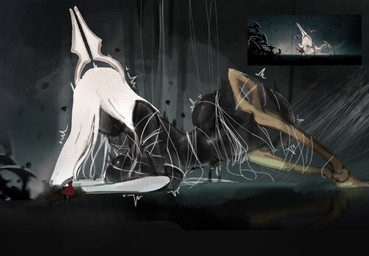 2_horns ambiguous_gender big_breasts biped black_body black_eyes breasts butt cloak clothing cogfly duo featureless_face female hair holding_melee_weapon holding_object holding_weapon horn larger_female looking_at_another melee_weapon nail_(weapon) red_cloak red_clothing size_difference smaller_ambiguous standing thread weapon white_hair yufishart hollow_knight:_silksong hollow_knight_(franchise) team_cherry grand_mother_silk hornet_(hollow_knight) void_(hollow_knight) arthropod 2025 hi_res