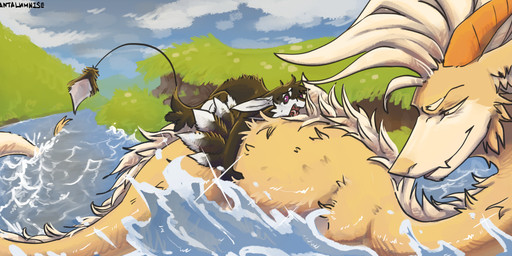 4_ears ambiguous_gender anthro bangs big_tail biped black_body black_claws black_feathers black_finger_claws black_fur black_sclera brown_body brown_fur chest_tuft claws cloud countershading day detailed_background digitigrade dotted_line duo eyewear feathered_wings feathers feral fingers fur grabbing grass hair horn larger_feral long_body long_hair long_tail looking_at_another looking_back looking_back_at_another lying mane multi_ear multicolored_body multicolored_fur nature nature_background nude on_front open_mouth orange_horn outside partially_submerged plant purple_eyes raised_tail river scared scared_eyes screaming size_difference sky smaller_anthro smile smug splash swimming tail tail_tuft tan_body tan_fur teeth text tongue tuft tufted_fur two_tone_body two_tone_fur water white_body white_feathers white_fur white_hair wide_eyed winged_arms wings yellow_body tantalumnise mythology cashew_(tantalumnise) fyr_(fenrir784) avali avian bird dragon eastern_dragon furred_dragon furred_scalie mythological_creature mythological_scalie scalie 2026 absurd_res artist_name colored detailed digital_drawing_(artwork) digital_media_(artwork) digital_painting_(artwork) english_text hi_res painting_(artwork) shaded signature female_(lore) maleherm_(lore)