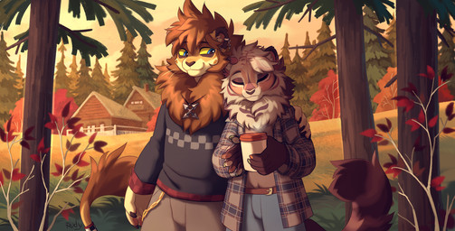 anthro arm_around_shoulders autumn belt beverage blue_eyes bottomwear brown_body brown_fur building chain_jewelry claws clothed clothing coffee coffee_cup container cup day detailed_background duo ear_piercing evergreen_tree eyes_closed female fluffy fluffy_tail fur grass green_claws holding_object house hug jacket jewelry looking_at_another male multicolored_body multicolored_claws multicolored_fur nature necklace orange_claws outside pants piercing pine_tree plant shirt sky smile steam sweater tail text topwear tree whiskers white_body white_fur yellow_sclera ruddi felid feline mammal 2025 artist_name hi_res signature