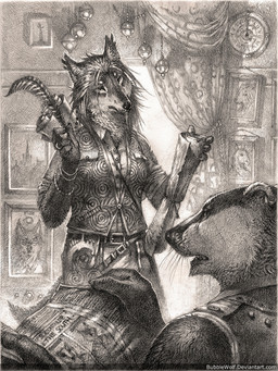 anthro clock clothed clothing curtains detailed_background duo feathers female fur hair inside male newspaper picture_frame reading scroll text whiskers window bubblewolf badger canid canine canis mammal mustelid musteline wolf 3:4 detailed english_text graphite_(artwork) greyscale monochrome traditional_media_(artwork) url