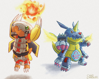 armor attack blue_body claws cybernetics duo feral green_eyes headgear helmet horn machine male markings metal orange_body purple_claws red_eyes red_nose toe_claws white_claws doodlersand bandai_namco digimon agumon cyborg digimon_(species) gabumon metalgarurumon reptile robot scalie wargreymon 5:4 hi_res signature