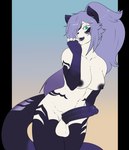 anthro areola balls big_penis biped breasts genitals glans gynomorph hair humanoid_genitalia humanoid_penis intersex nipples penis purple_hair solo tail munkeesgomu carmelia_(narcissistnaru) felid feline mammal hi_res