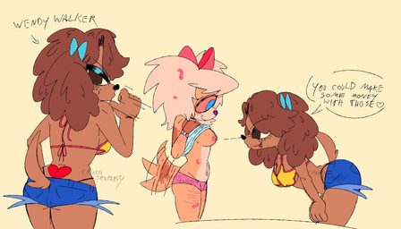 blonde_hair blue_bottomwear blue_bow blue_clothing blue_eyes blue_shorts bottomwear bracelet breasts brown_body brown_eyes brown_fur brown_hair clothing dialogue duo female freckles fur hair heart_tattoo jewelry motion_lines pink_bow scar shorts tan_body tan_fur tattoo text underwear mayhemtown sally_o'malley wendy_walker canid canine mammal undead worm zombie english_text hi_res