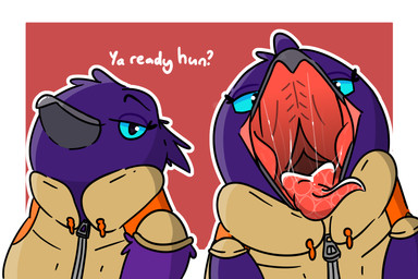 beak beakshot blue_eyes bodily_fluids clothing costume female fur hair mouth_shot open_mouth oral_vore purple_body purple_fur saliva saliva_string solo tongue vore jtay dreamworks the_bad_guys doom_(the_bad_guys) avian 3:2 hi_res