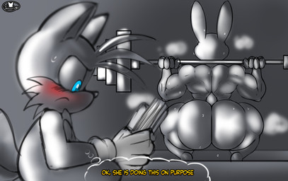 4_fingers 5_fingers annoyed anthro big_butt blush bodily_fluids book butt butt_focus claws crouching duo exercise female fingers male muscular muscular_female muscular_thighs musk nude nude_female reading reading_book rear_view sweat sweatdrop thought_bubble weightlifting weights workout foxium disney sega sonic_the_hedgehog_(series) zootopia judy_hopps miles_prower canid canine european_rabbit fox lagomorph leporid mammal oryctolagus rabbit red_fox true_fox absurd_res crossover hi_res