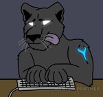 4_fingers anthro arm_markings bald black_inner_ear black_nose blue_markings computer_keyboard concentrated dark_body dark_ears dark_fur dark_inner_ear dark_nose desk empty_eyes fingers front_view fur fur_markings furniture glowing glowing_eyes glowing_markings grey_background grey_body grey_ears grey_fur handpaw male markings melanistic monotone_body monotone_fur monotone_inner_ear paws purple_tongue shoulder_markings simple_background snout solo table tongue tongue_out typing whiskers white_eyes phantompanther the_phantom_panther felid jaguar mammal pantherine 2013 artist_name digital_media_(artwork) flat_colors watermark