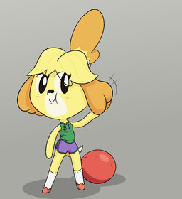 accessory anthro athletic athletic_female athletic_shirt athletic_wear ball bell blush bottomwear clothed clothing female footwear fully_clothed gym_bottomwear gym_shorts hair_accessory hairband looking_away shoes shorts simple_background socks solo toony happy_harvey animal_crossing nintendo isabelle_(animal_crossing) canid canine canis domestic_dog mammal aliasing digital_media_(artwork)
