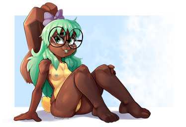 4_toes accessory anthro areola bow_accessory bow_ribbon bow_tie breasts butt eyebrows eyewear feet female fingers floppy_ears fur genitals glasses green_eyes green_hair hair hair_accessory hair_bow hair_ribbon nipple_piercing nipples nude piercing ribbons simple_background small_breasts smile solo tail teeth toes vulva nerdbayne nanaimo_(floreum) lagomorph leporid mammal rabbit 2024 absurd_res digital_media_(artwork) hi_res signature