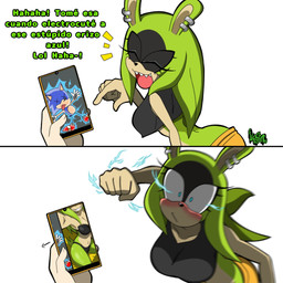 anthro black_clothing black_crop_top black_shirt black_topwear blue_eyes blush bottomwear breasts clothing crop_top dialogue duo ear_piercing electricity electricity_manipulation electronics elemental_manipulation female green_hair hair hair_down imminent_punch male motion_blur navel open_mouth open_smile pants phone piercing sharp_teeth shirt smile talking_to_viewer teeth text topwear underwear yellow_bottomwear yellow_clothing yellow_pants leoposting idw_publishing sega sonic_the_hedgehog_(comics) sonic_the_hedgehog_(idw) sonic_the_hedgehog_(series) sonic_the_hedgehog surge_the_tenrec afrosoricid eulipotyphlan hedgehog mammal tenrec 1:1 hi_res signature spanish_description spanish_text translation_check translation_request