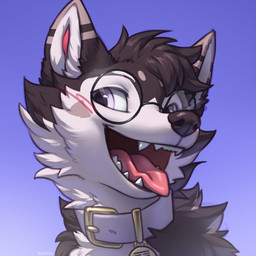ambiguous_form black_body black_fur black_hair black_nose blue_background blush blush_lines collar collar_tag eyewear fangs fluffy fur glasses gradient_background hair happy looking_away male open_mouth open_smile pink_tongue purple_eyes round_glasses short_hair simple_background smile snout solo teeth tongue tongue_out wearing_glasses white_body white_collar white_fur k0ira canid canine canis domestic_dog husky mammal nordic_sled_dog spitz 1:1 2026 colored colored_sketch digital_drawing_(artwork) digital_media_(artwork) hi_res shaded sketch